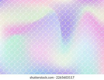 Holografischer Hintergrund mit Farbverlauf-Meerjungfrau. Helle Farbübergänge. Fisch Schwanzbanner und Einladung. Unterwasser- und Meermuster für die Girlie Party. Trendfarbene Kulisse mit holografischer Skala.