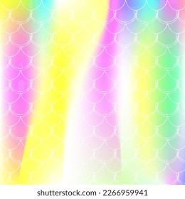 Fondo de escala holográfica con sirena de degradado. Transiciones de color luminosas. Banner de cola de pescado e invitación. Patrón submarino y marino para fiesta de niñas. Fondo colorido con escala holográfica.
