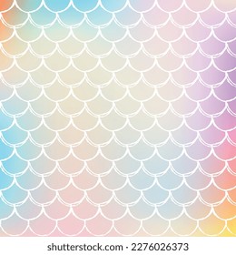 Holographic scale background with gradient mermaid. Bright color transitions. Fish tail banner and invitation. Underwater and sea pattern for girlie party. Rainbow backdrop with holographic scale.
