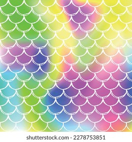 Holographic scale background with gradient mermaid. Bright color transitions. Fish tail banner and invitation. Underwater and sea pattern for girlie party. Fluorescent backdrop with holographic scale.