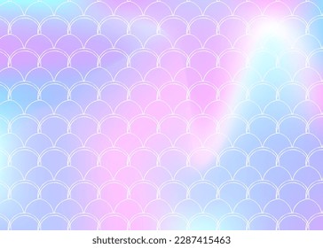 Holographic scale background with gradient mermaid. Bright color transitions. Fish tail banner and invitation. Underwater and sea pattern for girlie party. Rainbow backdrop with holographic scale.