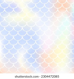Holographic scale background with gradient mermaid. Bright color transitions. Fish tail banner and invitation. Underwater and sea pattern for girlie party. Colorful backdrop with holographic scale.