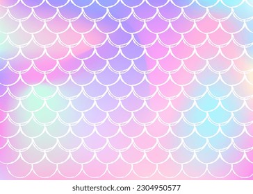 Holographic scale background with gradient mermaid. Bright color transitions. Fish tail banner and invitation. Underwater and sea pattern for girlie party. Hipster backdrop with holographic scale.