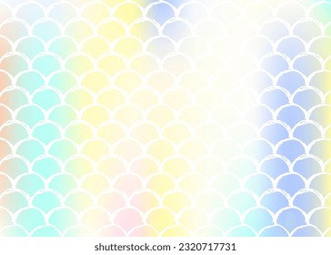 Holographic scale background with gradient mermaid. Bright color transitions. Fish tail banner and invitation. Underwater and sea pattern for girlie party. Rainbow backdrop with holographic scale.