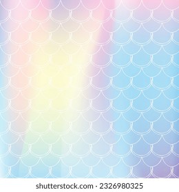 Holographic scale background with gradient mermaid. Bright color transitions. Fish tail banner and invitation. Underwater and sea pattern for girlie party. Rainbow backdrop with holographic scale.