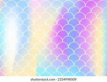 Fondo de escala holográfica con sirena de degradado. Transiciones de color luminosas. Banner de cola de pescado e invitación. Patrón submarino y marino para fiesta de niñas. Fondo colorido con escala holográfica.