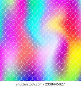 Holographic scale background with gradient mermaid. Bright color transitions. Fish tail banner and invitation. Underwater and sea pattern for girlie party. Trendy backdrop with holographic scale.
