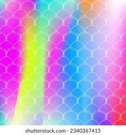 Holographic scale background with gradient mermaid. Bright color transitions. Fish tail banner and invitation. Underwater and sea pattern for girlie party. Stylish backdrop with holographic scale.