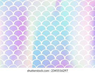 Holographic scale background with gradient mermaid. Bright color transitions. Fish tail banner and invitation. Underwater and sea pattern for girlie party. Fluorescent backdrop with holographic scale.