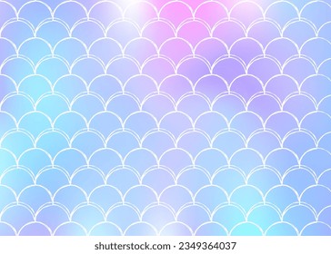 Holographic scale background with gradient mermaid. Bright color transitions. Fish tail banner and invitation. Underwater and sea pattern for girlie party. Trendy backdrop with holographic scale.