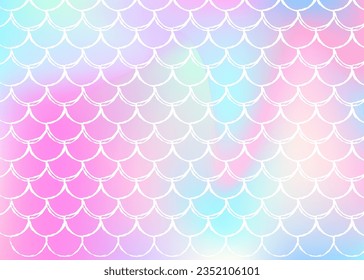 Holographic scale background with gradient mermaid. Bright color transitions. Fish tail banner and invitation. Underwater and sea pattern for girlie party. Retro backdrop with holographic scale.