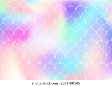 Fondo de escala holográfica con sirena de degradado. Transiciones de color luminosas. Banner de cola de pescado e invitación. Patrón submarino y marino para fiesta de niñas. Fondo de perlas con escala holográfica.