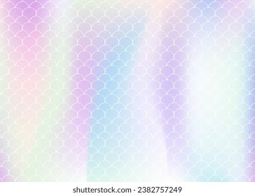 Holographic scale background with gradient mermaid. Bright color transitions. Fish tail banner and invitation. Underwater and sea pattern for girlie party. Multicolor backdrop with holographic scale.