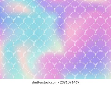 Holographic scale background with gradient mermaid. Bright color transitions. Fish tail banner and invitation. Underwater and sea pattern for girlie party. Rainbow backdrop with holographic scale.