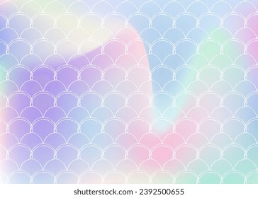 Holographic scale background with gradient mermaid. Bright color transitions. Fish tail banner and invitation. Underwater and sea pattern for girlie party. Stylish backdrop with holographic scale.