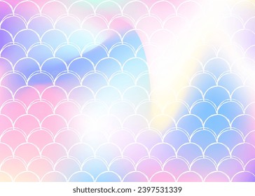 Fondo de escala holográfica con sirena de degradado. Transiciones de color luminosas. Banner de cola de pescado e invitación. Patrón submarino y marino para fiesta de niñas. Fondo elegante con escala holográfica.