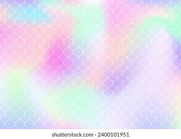 Fondo de escala holográfica con sirena de degradado. Transiciones de color luminosas. Banner de cola de pescado e invitación. Patrón submarino y marino para fiesta de niñas. Fondo de perlas con escala holográfica.
