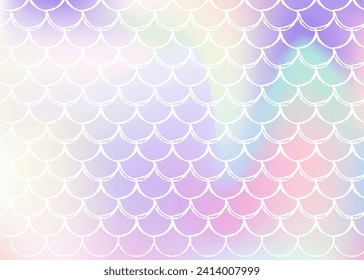 Holographic scale background with gradient mermaid. Bright color transitions. Fish tail banner and invitation. Underwater and sea pattern for girlie party. Colorful backdrop with holographic scale.