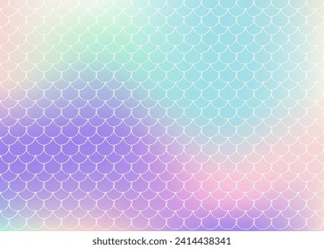 Holographic scale background with gradient mermaid. Bright color transitions. Fish tail banner and invitation. Underwater and sea pattern for girlie party. Neon backdrop with holographic scale.