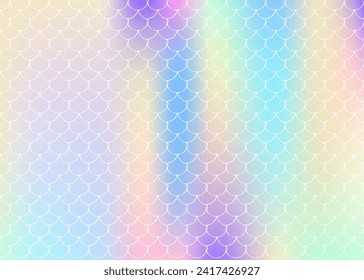 Holographic scale background with gradient mermaid. Bright color transitions. Fish tail banner and invitation. Underwater and sea pattern for girlie party. Iridescent backdrop with holographic scale.