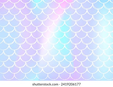 Holographic scale background with gradient mermaid. Bright color transitions. Fish tail banner and invitation. Underwater and sea pattern for girlie party. Colorful backdrop with holographic scale.