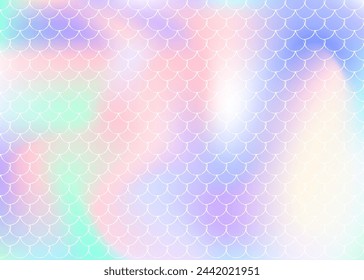 Holographic scale background with gradient mermaid. Bright color transitions. Fish tail banner and invitation. Underwater and sea pattern for girlie party. Spectrum backdrop with holographic scale.