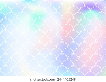 Holographic scale background with gradient mermaid. Bright color transitions. Fish tail banner and invitation. Underwater and sea pattern for girlie party. Plastic backdrop with holographic scale.
