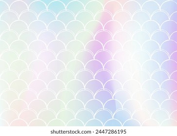 Holographic scale background with gradient mermaid. Bright color transitions. Fish tail banner and invitation. Underwater and sea pattern for girlie party. Iridescent backdrop with holographic scale.