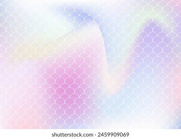 Holografischer Maßstabhintergrund mit Gradientenjungfer. Helle Farbübergänge. Fischschwanz Banner und Einladung. Unterwasser- und Seemuster für Girlie Party. Perlglanzkulisse mit holografischer Skala.