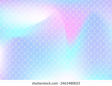 Holographic scale background with gradient mermaid. Bright color transitions. Fish tail banner and invitation. Underwater and sea pattern for girlie party. Trendy backdrop with holographic scale.