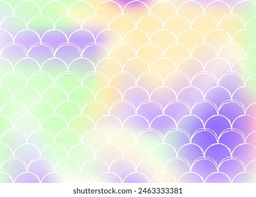 Holographic scale background with gradient mermaid. Bright color transitions. Fish tail banner and invitation. Underwater and sea pattern for girlie party. Trendy backdrop with holographic scale.