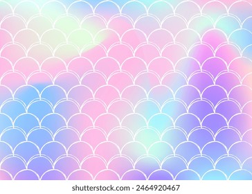Holographic scale background with gradient mermaid. Bright color transitions. Fish tail banner and invitation. Underwater and sea pattern for girlie party. Iridescent backdrop with holographic scale.