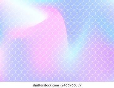 Holographic scale background with gradient mermaid. Bright color transitions. Fish tail banner and invitation. Underwater and sea pattern for girlie party. Stylish backdrop with holographic scale.