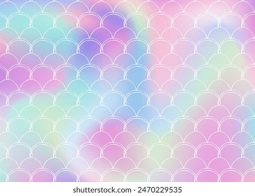 Holographic scale background with gradient mermaid. Bright color transitions. Fish tail banner and invitation. Underwater and sea pattern for girlie party. Spectrum backdrop with holographic scale.