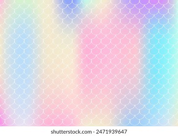 Holographic scale background with gradient mermaid. Bright color transitions. Fish tail banner and invitation. Underwater and sea pattern for girlie party. Pearlescent backdrop with holographic scale.