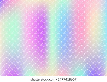 Holographic scale background with gradient mermaid. Bright color transitions. Fish tail banner and invitation. Underwater and sea pattern for girlie party. Futuristic backdrop with holographic scale.