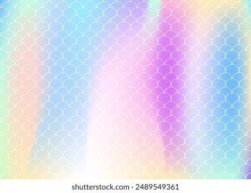 Holographic scale background with gradient mermaid. Bright color transitions. Fish tail banner and invitation. Underwater and sea pattern for girlie party. Rainbow backdrop with holographic scale.