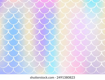 Holographic scale background with gradient mermaid. Bright color transitions. Fish tail banner and invitation. Underwater and sea pattern for girlie party. Spectrum backdrop with holographic scale.