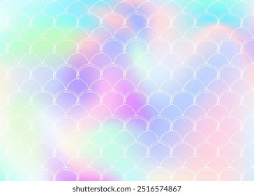 Holographic scale background with gradient mermaid. Bright color transitions. Fish tail banner and invitation. Underwater and sea pattern for girlie party. Futuristic backdrop with holographic scale.