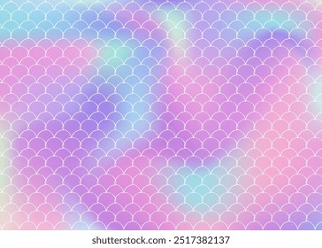 Holographic scale background with gradient mermaid. Bright color transitions. Fish tail banner and invitation. Underwater and sea pattern for girlie party. Multicolor backdrop with holographic scale.