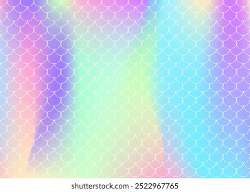 Fundo da escala holográfica com sereia gradiente. Transições de cores brilhantes. Banner e convite da cauda do peixe. Padrão submarino e marítimo para festa de meninas. Fundo multicolor com escala holográfica.