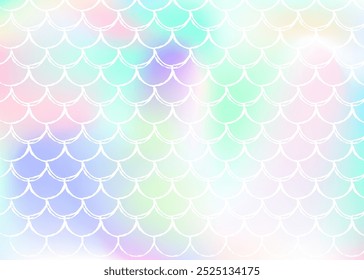 Holographic scale background with gradient mermaid. Bright color transitions. Fish tail banner and invitation. Underwater and sea pattern for girlie party. Plastic backdrop with holographic scale.