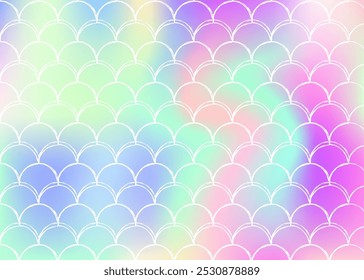 Holographic scale background with gradient mermaid. Bright color transitions. Fish tail banner and invitation. Underwater and sea pattern for girlie party. Rainbow backdrop with holographic scale.