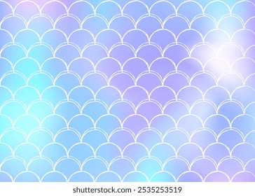 Holographic scale background with gradient mermaid. Bright color transitions. Fish tail banner and invitation. Underwater and sea pattern for girlie party. Neon backdrop with holographic scale.