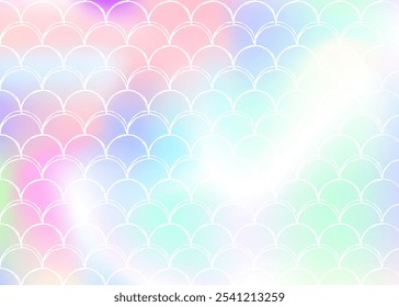 Holographic scale background with gradient mermaid. Bright color transitions. Fish tail banner and invitation. Underwater and sea pattern for girlie party. Fluorescent backdrop with holographic scale.