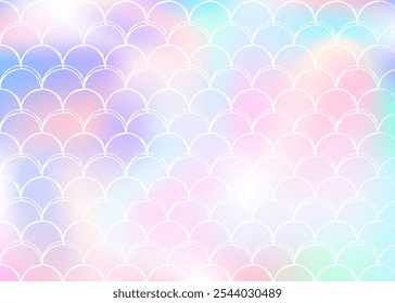 Holographic scale background with gradient mermaid. Bright color transitions. Fish tail banner and invitation. Underwater and sea pattern for girlie party. Rainbow backdrop with holographic scale.