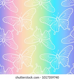 Holographic Seamless Pattern With Buterfly On Rainbow Gradient Background. Nature Fashion Wallpaper, Trendy Textile Print.