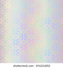 Holographic seamless pattern. Hologram effect metal foil. Rainbow holo background. Iridescent spectrum design. Pastel neon color. Repeated gradient texture. Silver backdrop. Pearlescent prints. Vector