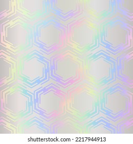 Holographic seamless pattern. Iridescent background. Repeated rainbow patern. Hologram geometric printing. Repeating holograph foil printed. Repeat neon texture for design prints. Vector illustration