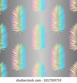 Holographic seamless pattern of palm leaves silhouette isolated on grey metal background. Tropical fashion wallpaper, trendy print.